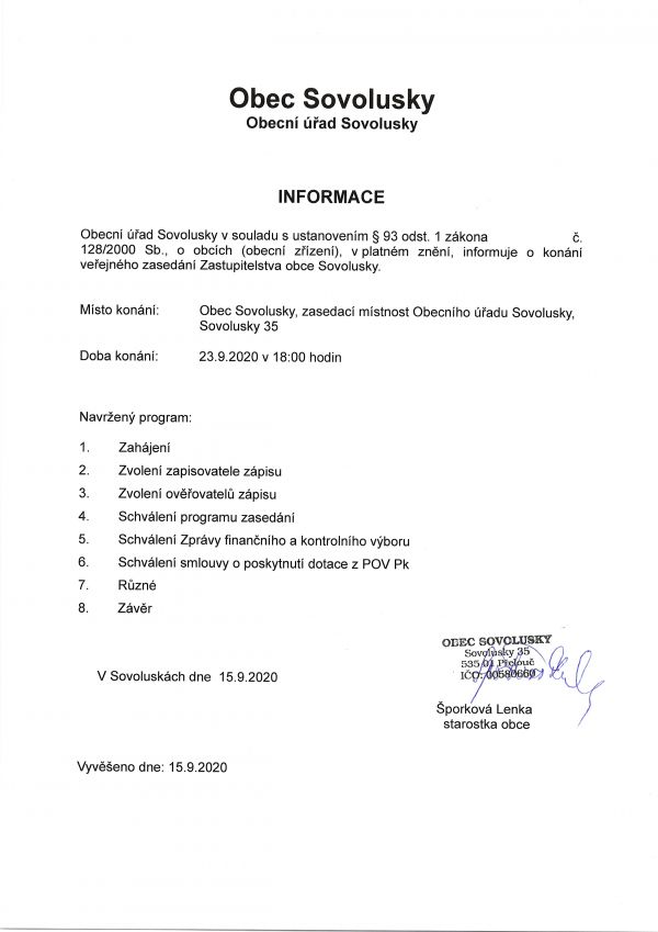 Informace o konání veřejného zasedání zastupitelstva obce 23.9.2020