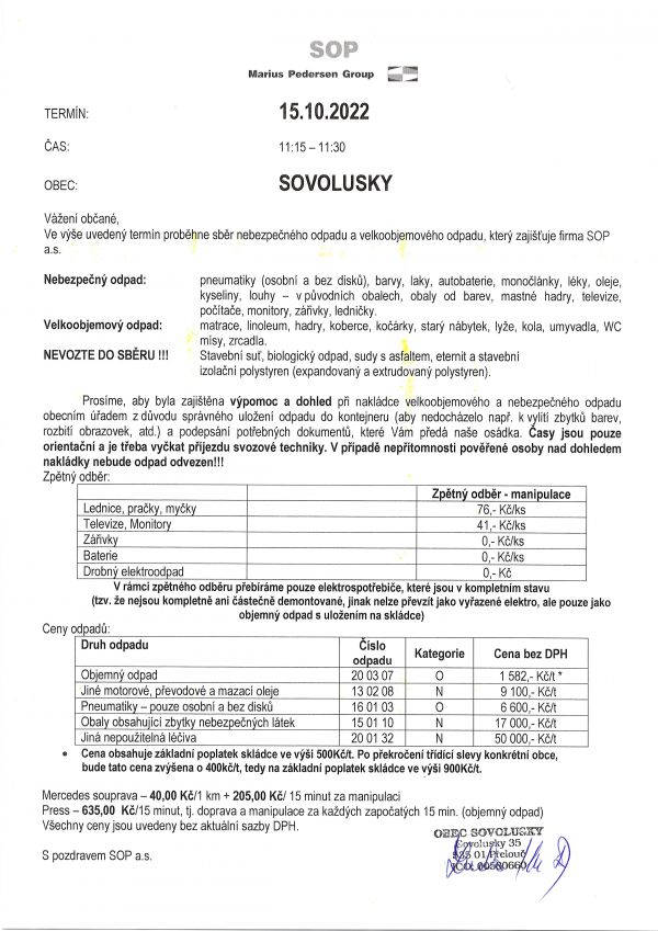 Svoz velkoobjemového a nebezpečného odpadu podzim 2022