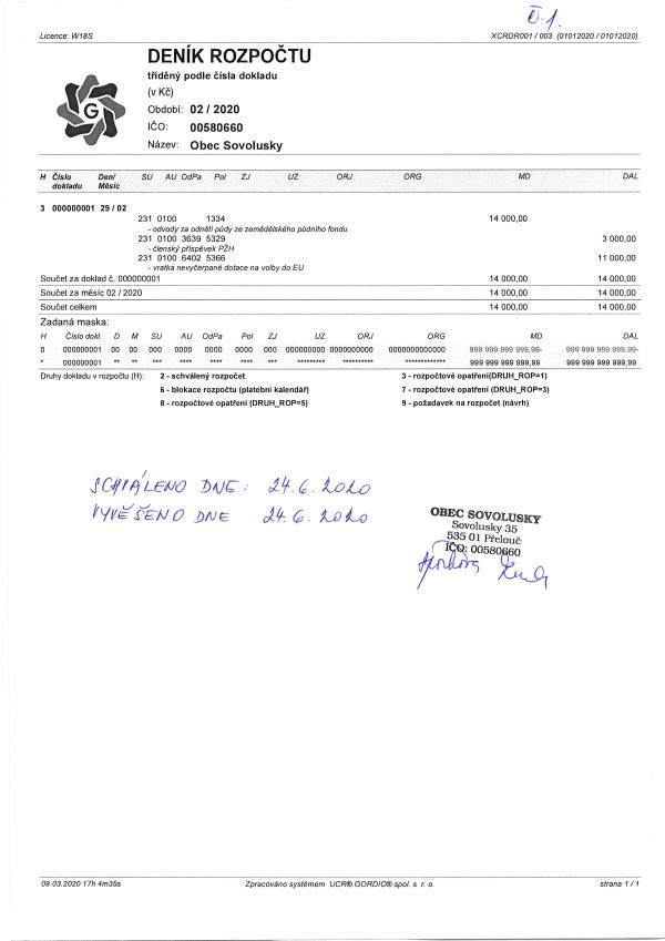 Rozpočové opatření č. 1