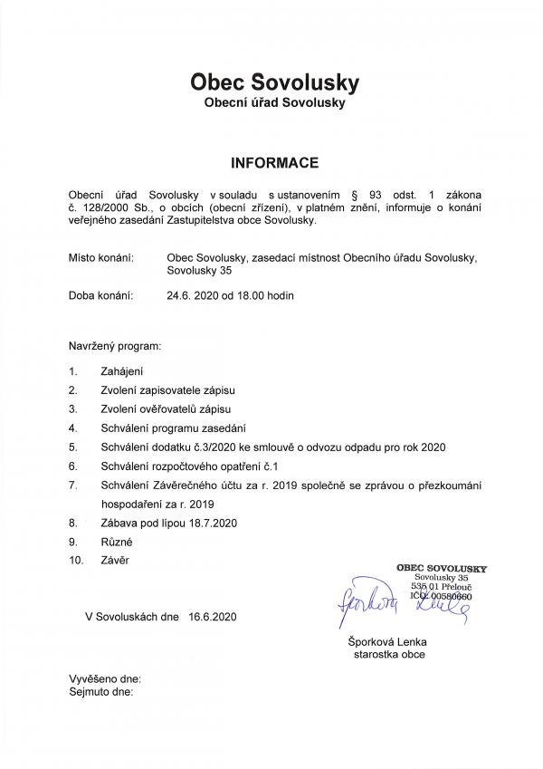 Informace o konání veřejného zasedání červen 2020