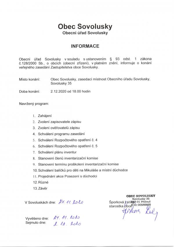 Informace o konání veřejného zasedání 2.12.2020
