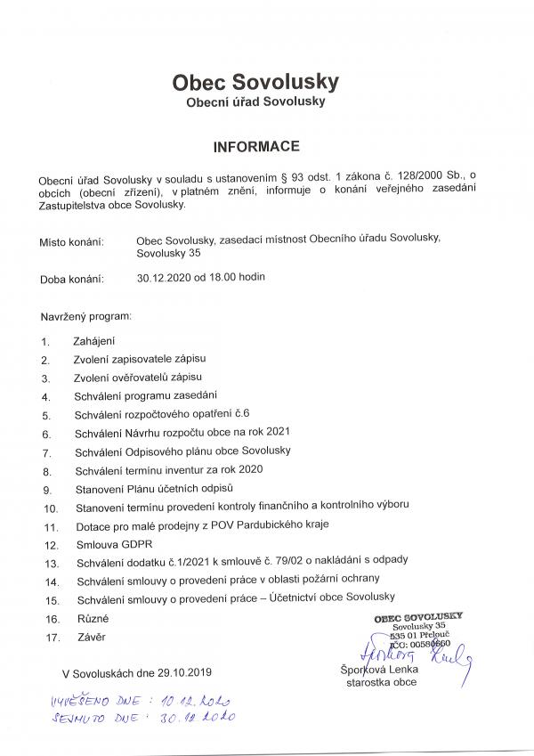 Informace o konání veřejného zasedání 30.12.2020