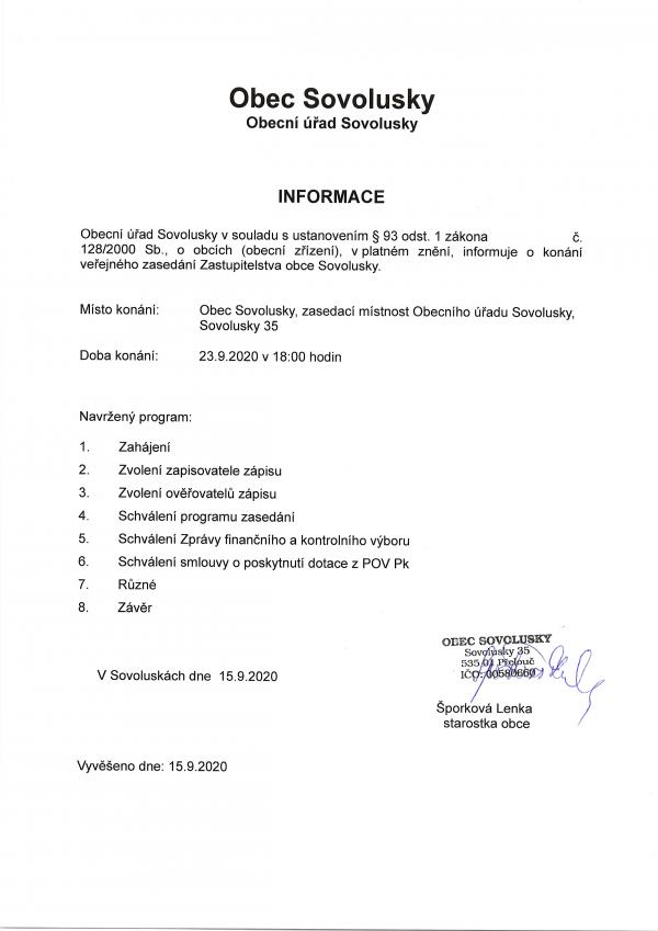 Informace o konání veřejného zasedání zastupitelstva 23.9.2020