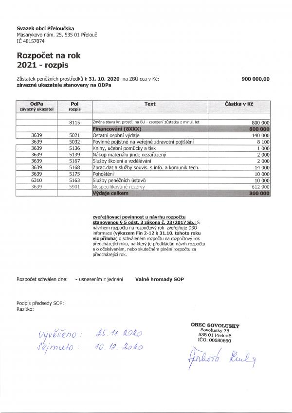 Návrh rozpočtu na rok 2021 SOP