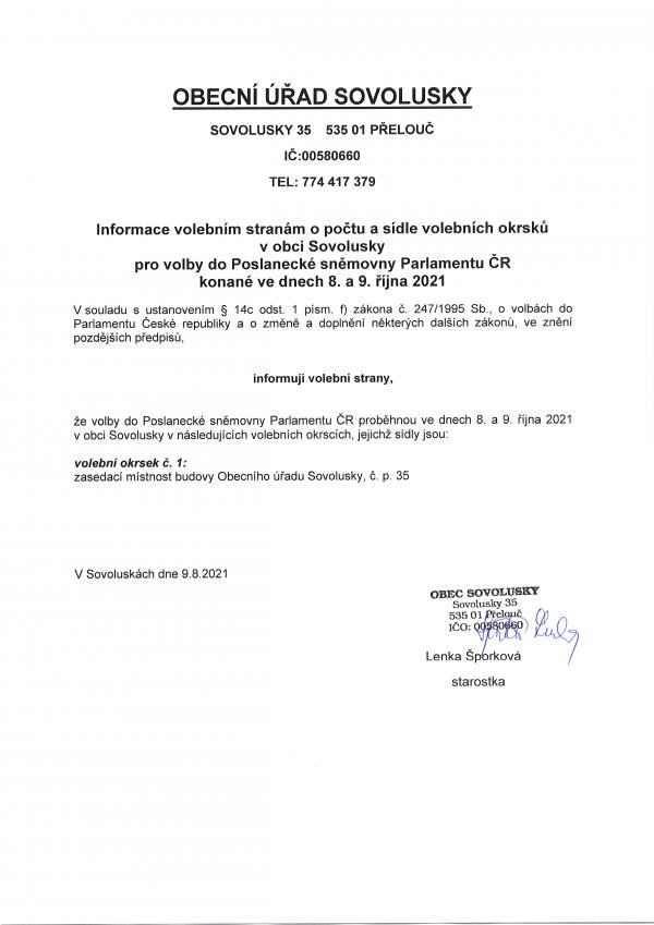 Informace volebním stranám o počtu a sídle volebních okrsků v obci Sovolusky - volby do Poslanecké sněmovny Parlamentu ČR 2021