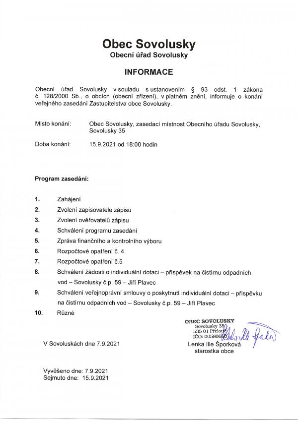Informace o konání veřejného zasedání zastupitelstva obce září 2021
