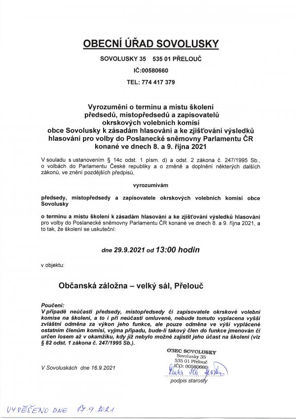 Vyrozumění o termínu a místu školení předsedů, místopředsedů a zapisovatelů OVK obce Sovolusky k zasadám hlasování a ke zjišťování výsledků hlasování pro volby do Poslanecké sněmovny Parlamentu ČR v r. 2021