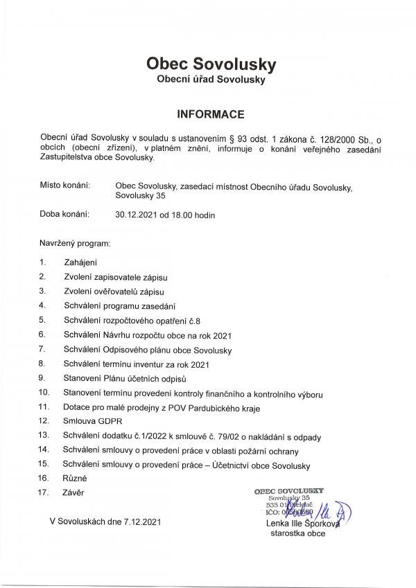 Informace o konání veřejného zasedání Zastupitelstva obce Sovolusky
