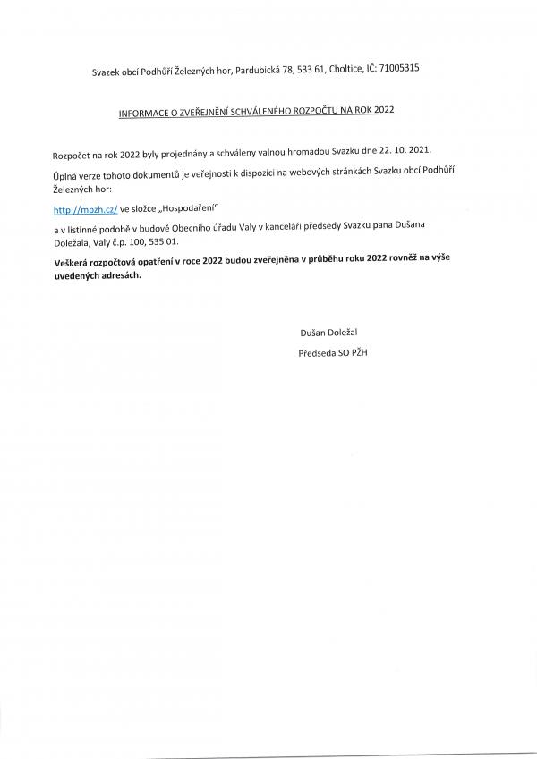 Informace o zveřejnění schváleného rozpočtu PŽH na rok 2022