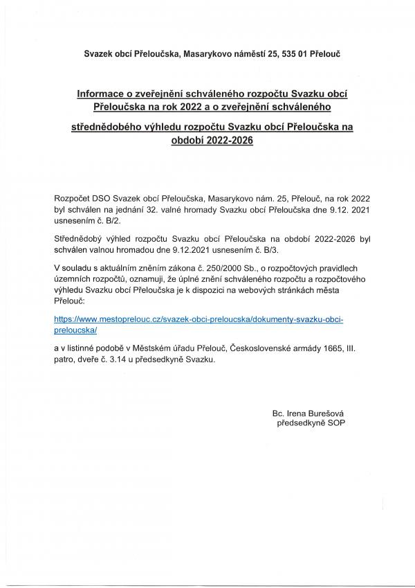 Informace o zveřejnění schváleného rozpočtu na rok 2022 a střednědobého výhledu na období 2022 - 2026 SOP