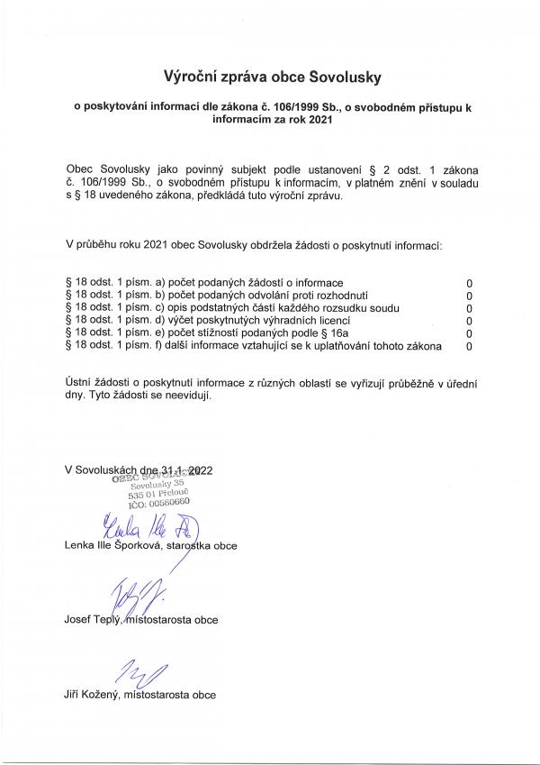 Výroční zpráva obce Sovolusky za rok 2021