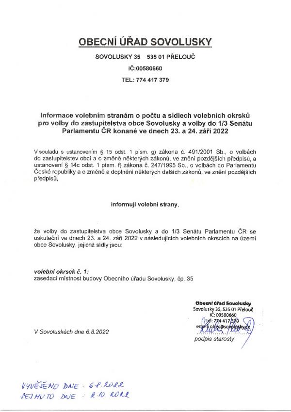 Informace volebním stranám o počtu a sídlech volebních okrsků pro volby do zastupitelstva obce Sovolusky a volby do 1_3 Senátu Parlamentu ČR 2022