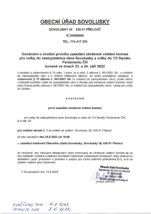 Oznámení o svolání prvního zasedání OVK pro volby do zastupitelstva obce Sovolusky a volby do 1_3 Senátu Parlamentu ČR 2022