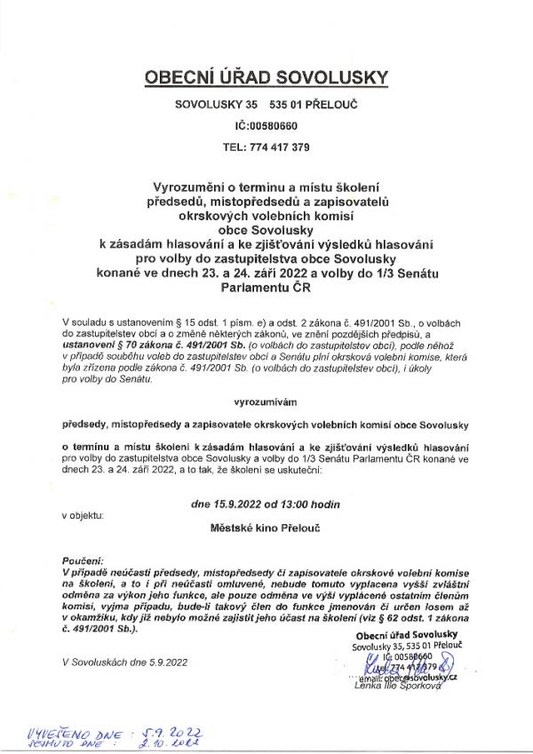 Vyrozumění o termínu a místu školení předsedů, místopředsedů a zapisovatelů OVK obce Sovolusky k zásadám hlasování a zjišťování výsledku hlasování pro volby do zastupit. obce Sovolusky a volby do 1_3 Senátu