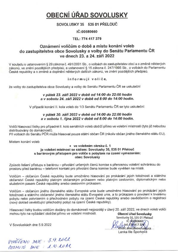 Oznámení voličům o době a místu konání voleb do zastupitelstva obce Sovolusky a volby do 1_3 Senátu Parlamentu ČR 2022