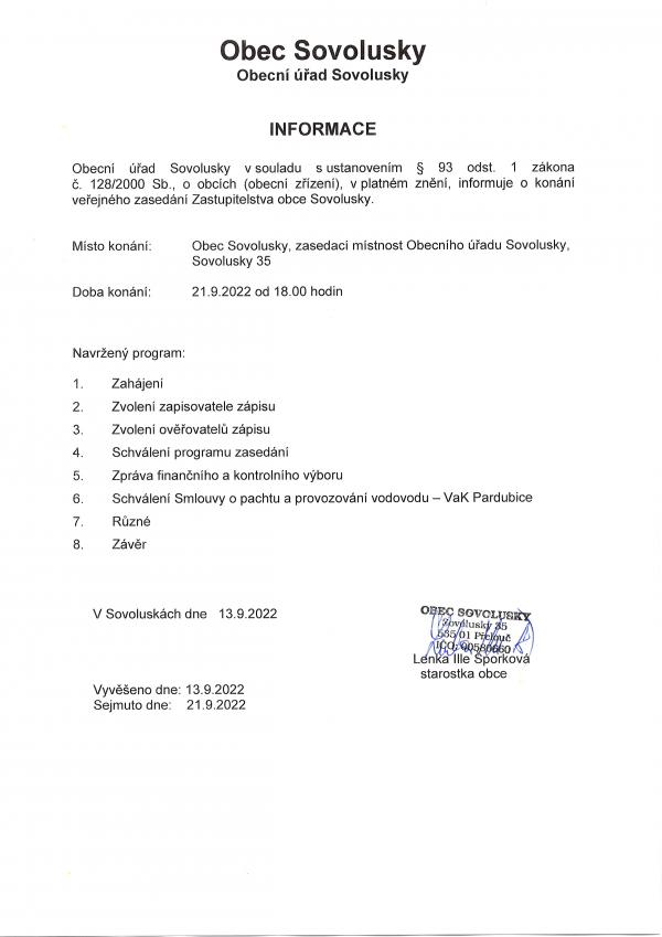 Informace o konání veřejného zasedání zastupitelstva obce Sovolusky září 2022