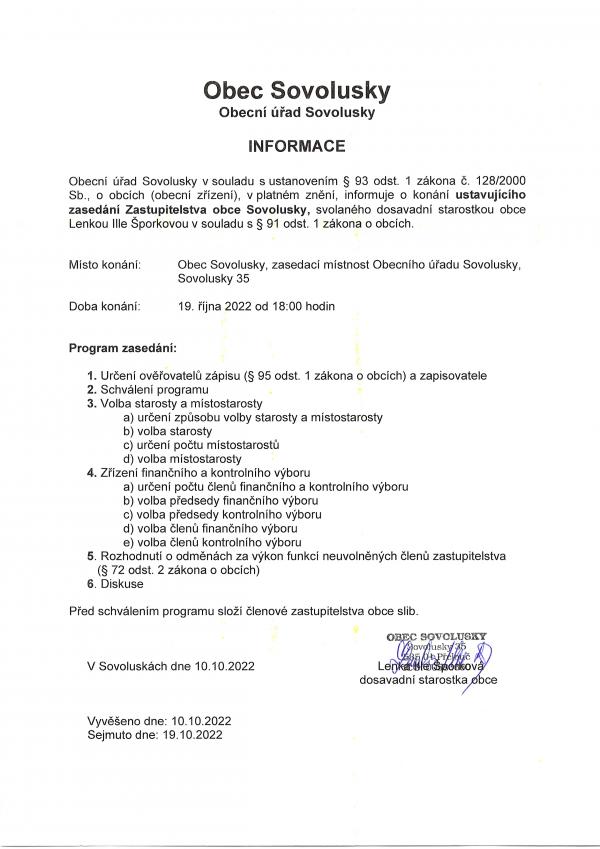 Informace o konání ustavujícího zasedání Zastupitelstva obce Sovolusky 19.10.2022 v 18 hodin