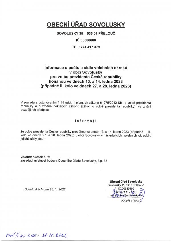 Informace o počtu a sídle volebních okrsků v obci Sovolusky pro volbu prezidenta ČR konanou ve dnech 13. a 14. ledna 2023