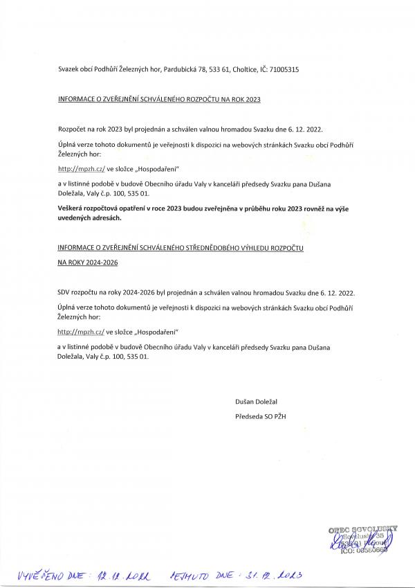 Informace o zveřejnění schváleného rozpočtu na rok 2023 a střednědobého výhledu na období 2024 - 2026 SoPŽH