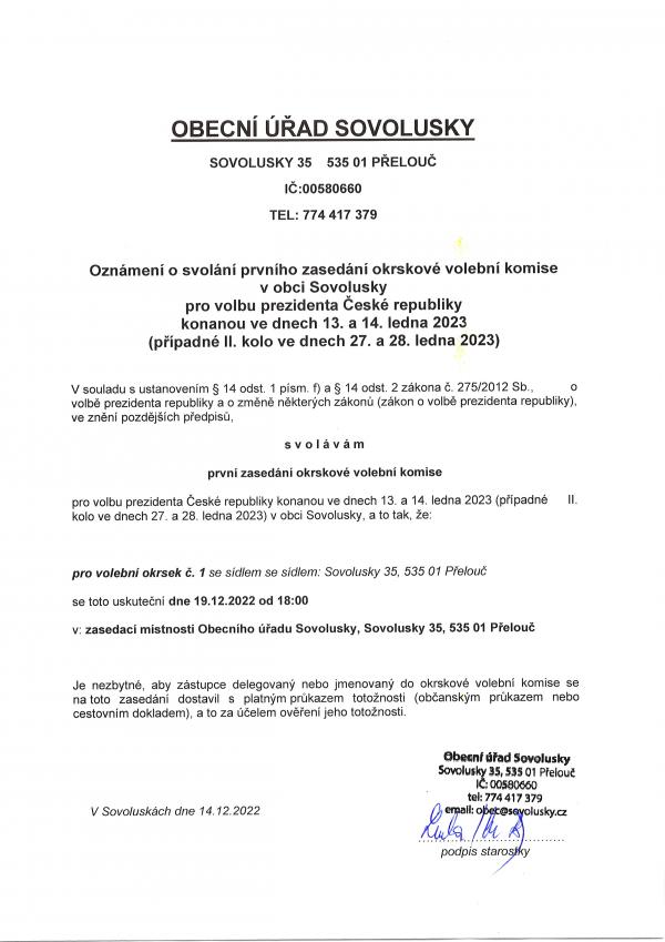 Oznámení o svolání prvního zasedání OVK - Volba prezidenta ČR 2023