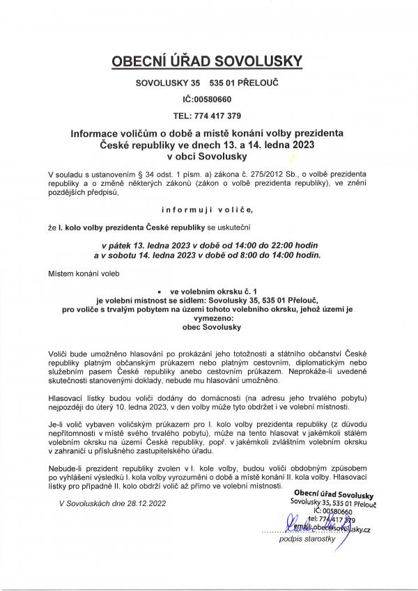 Informace voličům o době a místě konání volby prezidenta České republiky ve dnech 13. a 14. ledna 2023