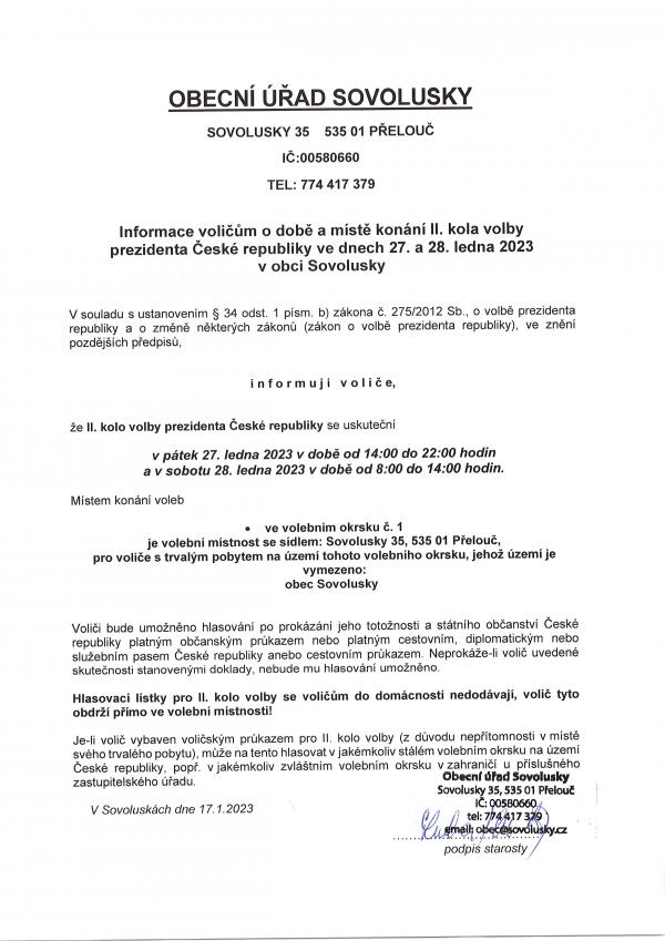 Informace voličům o době a místě konání volby prezidenta České republiky ve dnech 27. a 28. ledna 2023