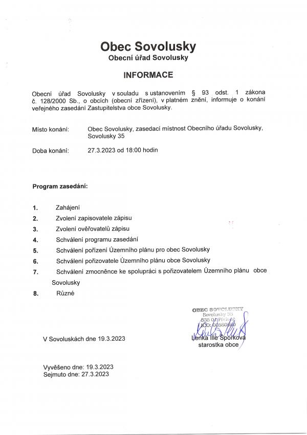Informace o konání veřejného zasedání zastupitelstva obce Sovolusky - březen 2023