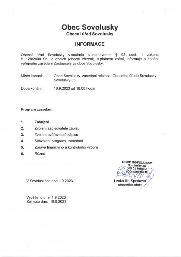Informace o konání zasedání zastupitelstva obce Sovolusky září 2023