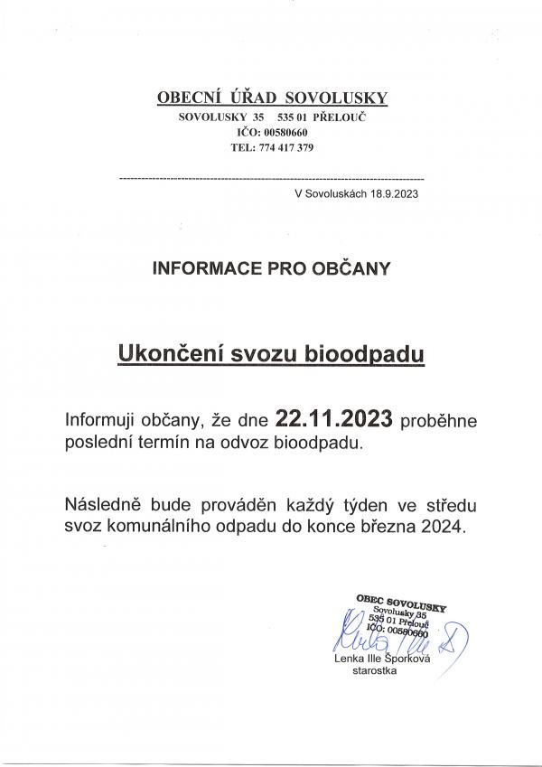 informace o ukončení svozu bioodpadu 2023