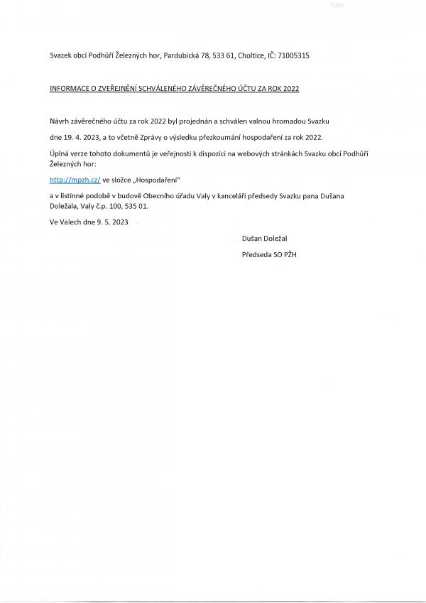 Informace o zveřejnění schváleného Závěrečného účtu za rok 2022 SO PŽH