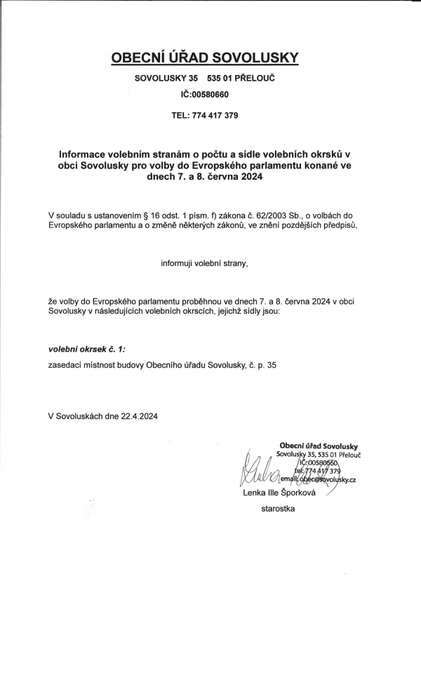 Informace volebním stranám o počtu a sídle volebních okrsků v obci Sovolusky pro volby do Evropského parlamentu konané ve dnech 7. a 8. června 2024