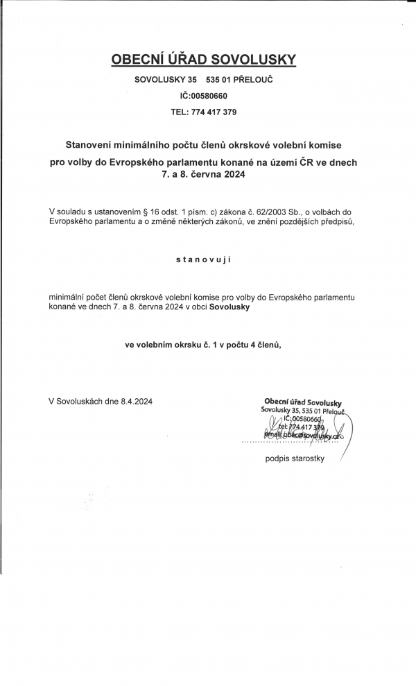 Stanovení minimálního počtu členů okrskové volební komise pro volby do Evropského parlamentu konané na území ČR ve dnech 7. a 8. června 2024