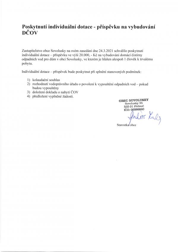 Poskytnutí individuální dotace - příspěvku na vybudování DČOV