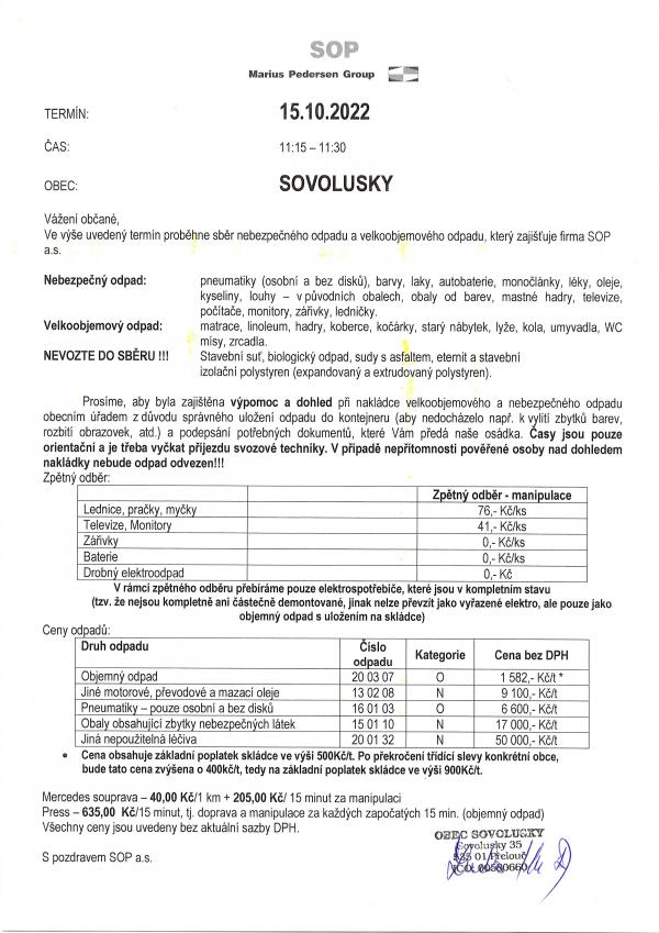 Svoz velkoobjemového a nebezpečného odpadu podzim 2022