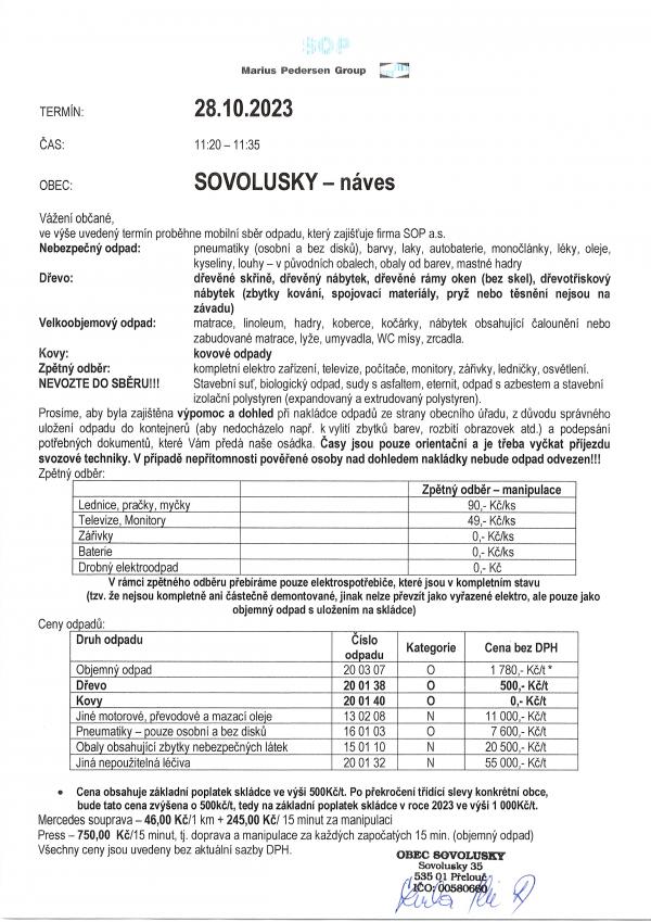 Informace o konání svozu nebezpečného a velkoobjemového odpadu podzim 2023